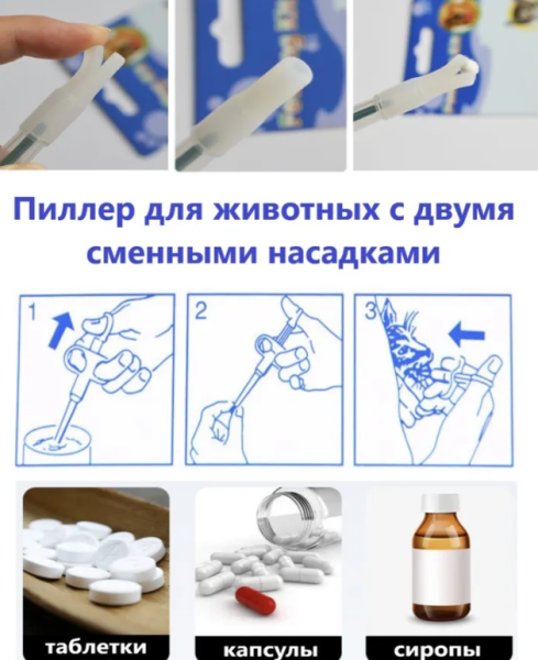 Многоразовый шприц (таблеткодаватель) Feeding Kit для домашних животных (2 насадки для жидких и твердых лекарств)